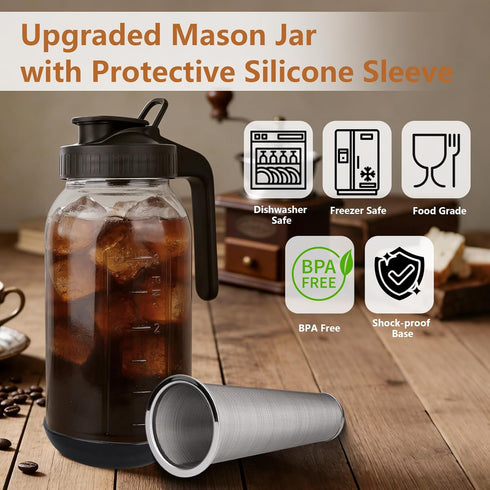 QHH 64oz Cold Brew Coffee Maker, Mason Jar Pitcher with Stainless Steel Filter, Sealed, Leak-Proof Lid with Pour Spout