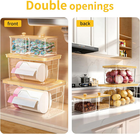 4 Pack FELIZHOUSE Trash Bag Holder with Bamboo Lid, Stackable Garbage Bag Dispenser Under Sink, Storage Organizer