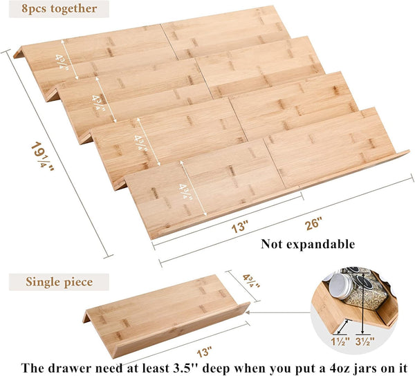 8 Mulush Bamboo Spice Rack Tray - Spice Drawer Organizer for Kitchen Cabinets Storage and Organization (Jars Not