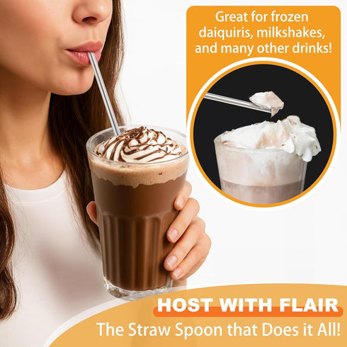 kilofly 12 pcs Reusable Stainless Steel Bar Spoon Straws with 2 Cleaning Brushes