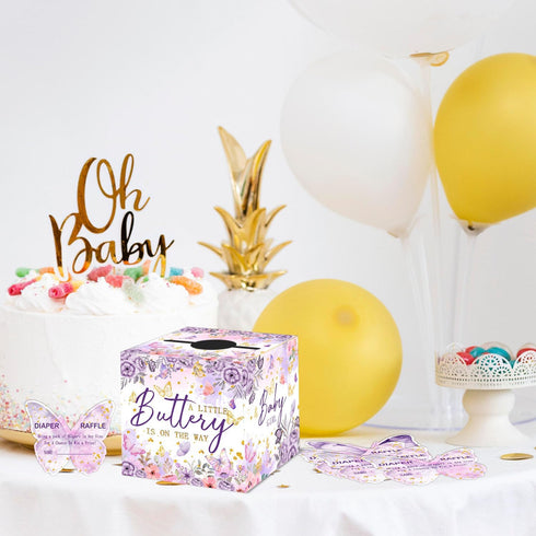 QZCYU 50 Pcs Butterfly Baby Shower Games, Butterfly Diaper Raffle Tickets with Diaper Raffle Card Box, Gender Reveal