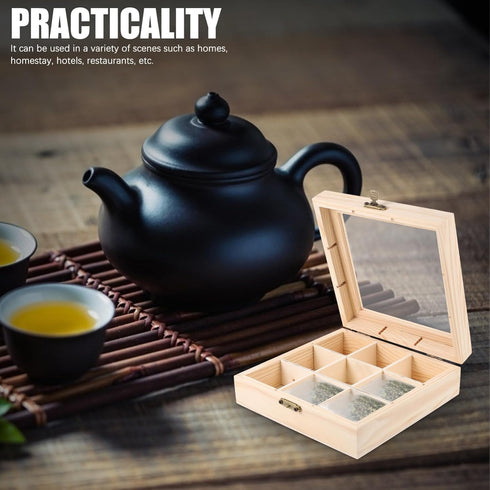 FAVOMOTO Multi-Compartment Countertop Holder, Wooden Tea Storage Box with 9 Divided Sections for Tea Bags and Seasoning