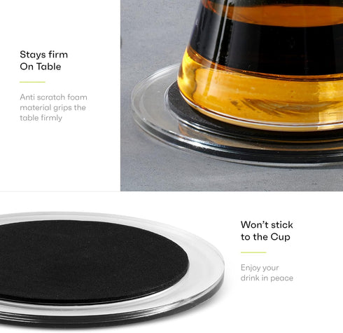 Acrylic Drink Coasters Set of 6 - Premium Stylish Black 4 Inch Coaster Set for Tabletop Protection, Home Decor Accent