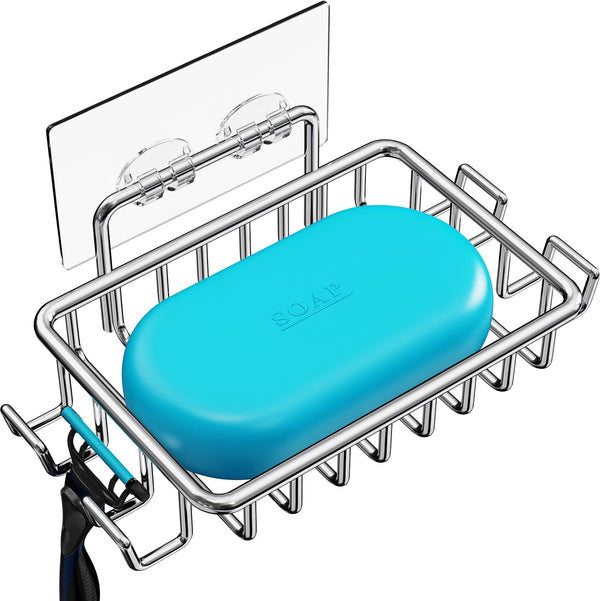 Nieifi Bar Soap Holder for Shower Wall, Stainless Steel Adhesive Soap Dish with 4 Hooks, Silver