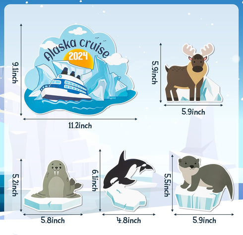 5PCS Cruise Door Magnet, Alaska Cruise Refrigerator Car Ship Magnetic Decal, Alaskan Themed Magnets Door Decoration, Whale Sea Lion Seal Reindeer Fridge Magnetic Stickers for Cruise Party Decor