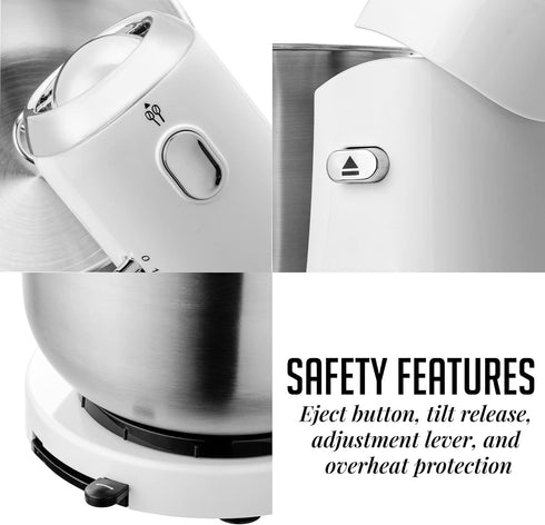 OVENTE 3.5-Quart Electric Kitchen Stand Mixer, 250-Watt Power, 5 Speed Control, White, 2 Blender Attachments SM680W