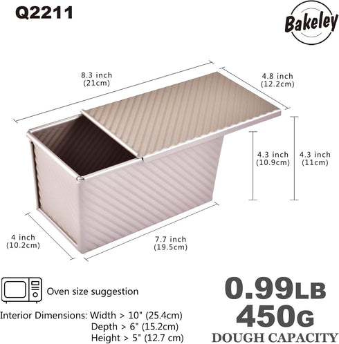 Pullman Loaf Pan with Lid, 1Lb Non-Stick Rectangle Corrugated Toast Box for Oven Baking, Dough Capacity 8.3" x 4.8" x 4.3"(Champagne Gold) by Bakeley