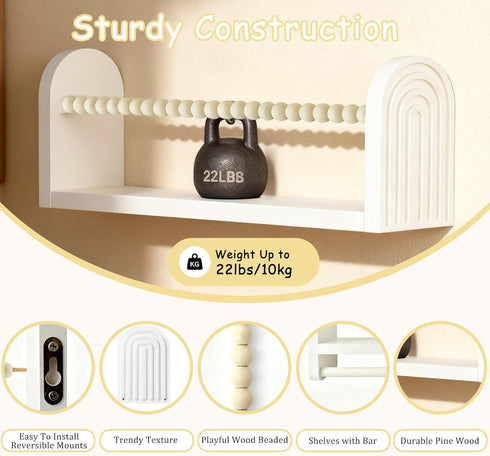 Set 3, OurWarm Nursery Book Shelves for Wall of White Natural Wood Nursery Floating Shelves with Towel Bar, Wall
