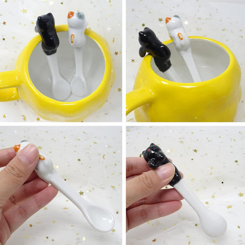 Honbay 2PCS Mini Cute Ceramic Cat Spoon, Hangable Tea Spoon, Cartoon Animals Coffee Spoon (Black)
