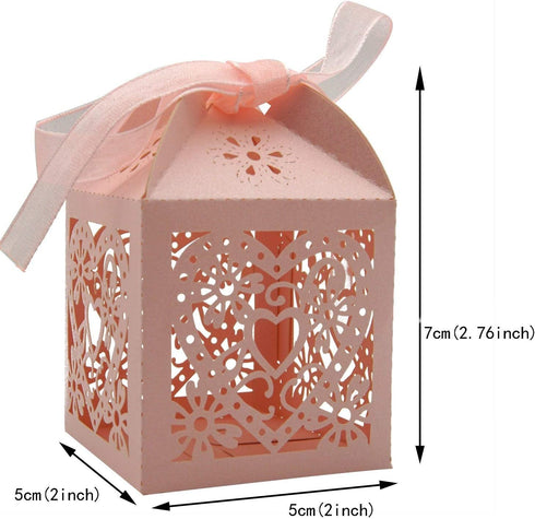 KPOSIYA 100 Pack Love Heart Laser Cut Wedding Party Favor Box Candy Bag Chocolate Gift Boxes with Ribbons