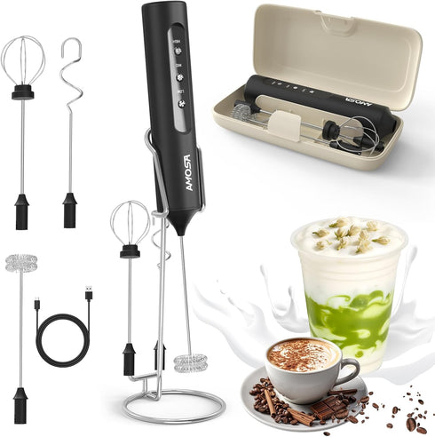 AMOSA Milk Frother Handheld with Stand, Rechargeable Frother with 3 Speeds &