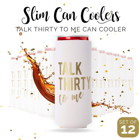 Talk Thirty to Me Can Coolers - Set of 12 for 30th Birthday Decorations and Party Favors