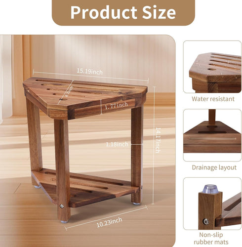 14in, Boulphia Shower Foot Rest Acacia Wood Shower Stool for Shaving Legs, Waterproof Corner Shower Stool with Storage