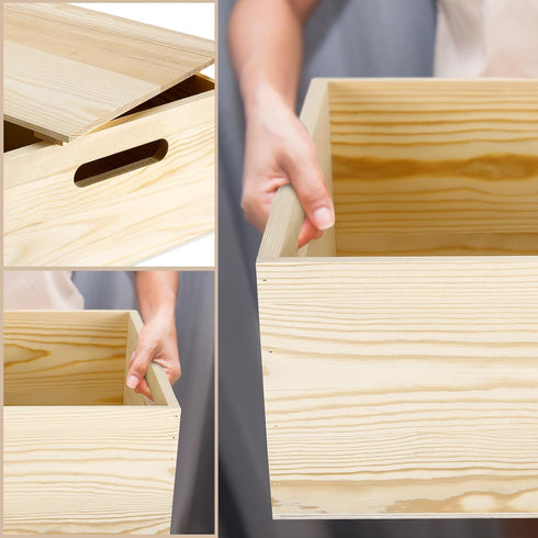 Spiareal Wooden Storage Box 15 x 12 x 7 Inches, Decorative Pine Crate with Hand Holes and Lid for Home Decor
