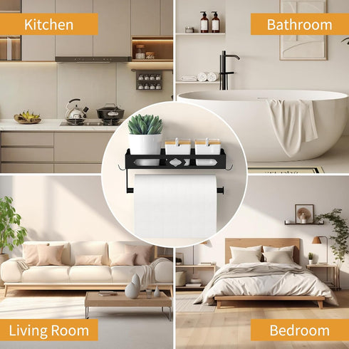 Wall Mount Paper Towel Holder for Kitchen - Self Adhesive Design with Shelf and 2 Hooks for Bathroom, RV