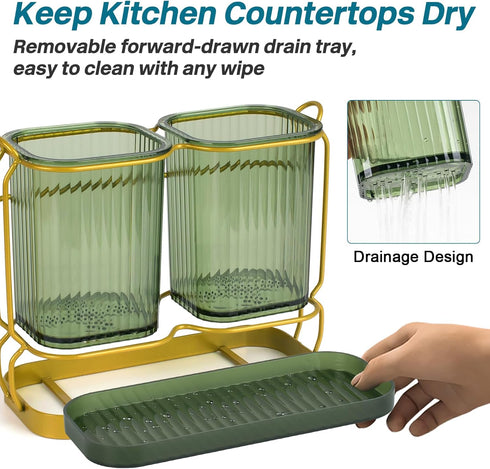 Utensil Holder for Kitchen Countertop, Plastic Utensil Organizer with Drain Tray, Wall Mounted Large Utensil Crock for Spatula Spoon, Morden Kitchen Silverware Organizer (Green)