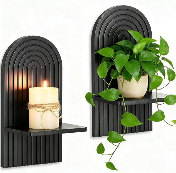 Black Boho Candle Sconces Decor: Set of 2 Wood Mid-Century Wall Candle