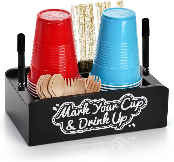 Double Party Cup Holder with Marker Slot - Wooden Drink Cup Dispenser for Wedding, Party, Kitchen, Bar, Housewarming