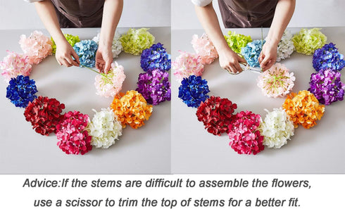 Artificial Hydrangea Flowers, 10 Fake Silk Hydrangea Heads for Wedding Centerpieces, Home Decoration with Stems