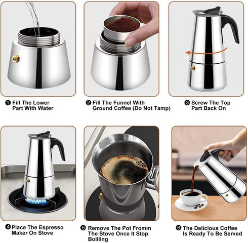 Coffee Maker - Stainless Steel Percolator Stovetop Espresso Latte Maker - Easy Clean (300ML 6 Cup)