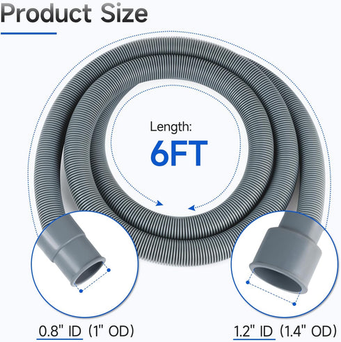 JUWO 6 Ft Washing Machine Drain Hose Extension, Universal Corrugated Discharge Hose for Magic Chef, Panda, Hair, Clamps and Adapter Included, Gray by JUWO