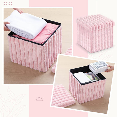 15x15x13 Inch, 265lbs Wenqik Pink Storage Ottoman Cube, Fluffy and Furry Square Foot Rest Stool, Foldable Storage