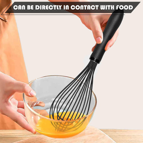 Kitchen Silicone Whisk, 11-Inch Heat Resistant Non Scratch Whisk, Metal Wire Stainless Steel Egg Bread Tool, Black