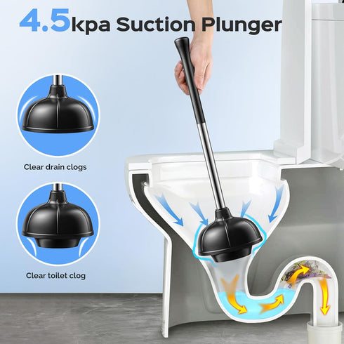 Set: 2 1 HAMITOR Toilet Plunger and Brush in Stainless Steel Rustproof Combo with Deep Cleaning Curved Bristles - Heavy