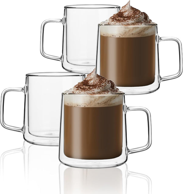 CNGLASS 12oz Glass Coffee Mugs,Double Wall Insulated Glass Cups with Handle,Clear Espresso