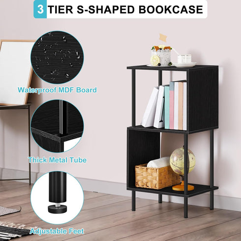 3-Tier ETELI Side Table Small Tall S-Shaped End Table with Open Book Shelf Industrial Black S-Shaped Bookcase Bedside