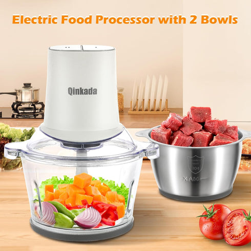 Food Processor Electric with 2 Bowls, 400W Meat Grinder, 8Cup Glass & 304 Stainless Steel, 2 Blades, Spatula (White)