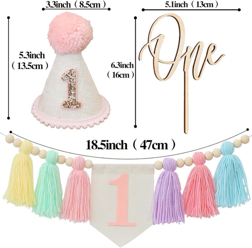 1st Handmade Boho Macaron Theme Birthday High Chair Banner for Baby Girls with Pink First Birthday Cone Hat and One