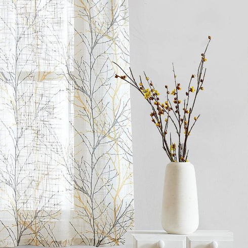 FMFUNCTEX Window Valance Curtains, Yellow Grey Tree Branch Print on Semi Sheer White, 50 x 15 Inches