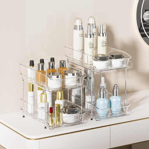Delamu 2 Sets of 2-Tier Clear Under Sink Organizers, Multi-Purpose Stackable Bathroom Cabinet Storage