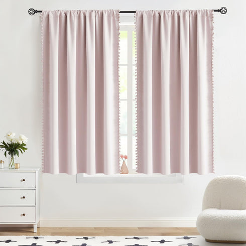 63inch 100% 2pcs 52"w Pom-pom Pink Blackout Curtains for Bedroom Length Energy Efficient Full Blackout Window Panels