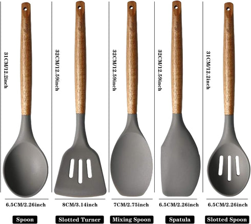 Kitchen Utensils Set, Non-Stick Silicone Cooking Utensils with Acacia Hard Wood Handle, 5 Piece