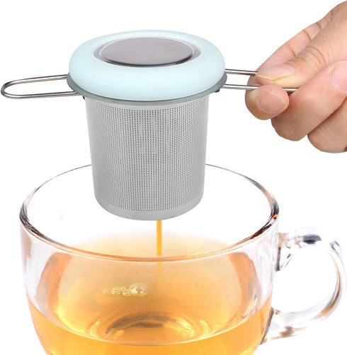 Fenshine Stainless Steel Tea Infuser, Folding Handle Extra Fine Mesh Strainer for Loose Leaf Tea (Light Blue)