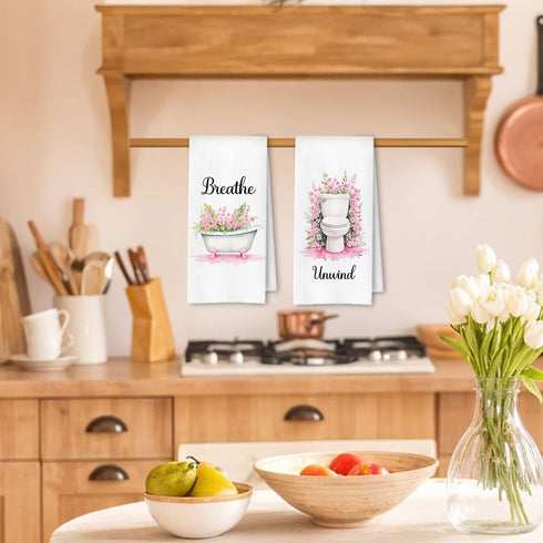 ArtisaEura 16x24 Inches Set 4 Farmhouse Pink Botanical Bathroom Hand Towels, Relax Breathe Soak Unwind Botanical