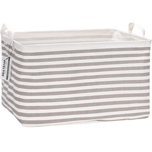 Sea Team Collapsible Canvas Fabric Storage Basket, Rectangle Waterproof Bin with Handles, 16.5 x 11.8 x 9.8 Inches