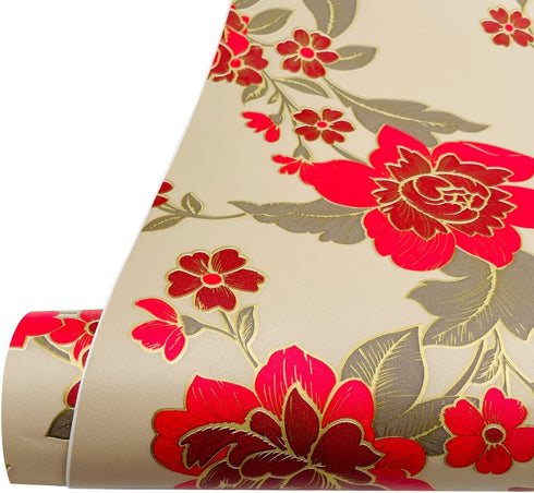 LovingWay 14.7 feet Wallpaper Roll, Red Peony Floral Shelf Liner, 17.7x177 Inch for Home Storage