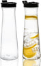 Clear Plastic Water Pitchers with Flip Top Black Lids, 34 OZ Heavy Duty Beverage Jug, Pack of 2