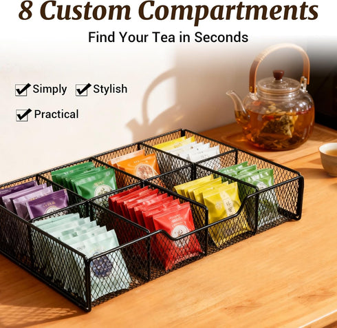 NANXITU 8 Countertop Tea Holder Organizer,Wood Tea Box Organizer Storage Box,Tea Caddy for Tea Bags Organizer