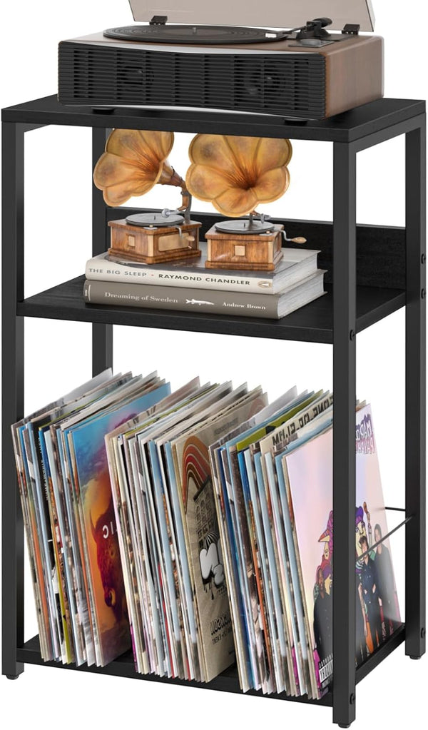 LELELINKY Record Player Stand, 3-Tier End Side Table with Vinyl Record Storage,