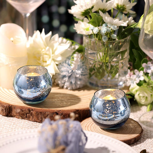 Set 12, Volens Round Blue Votive Candle Holders of Blue Wedding Centerpiece Table Decorations, Mercury Glass Tealight