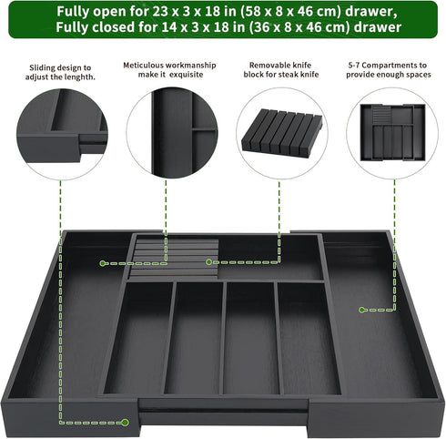 VaeFae Bamboo Silverware Drawer Organizer, Expandable Utensil Tray with Knife Block, Multifunctional Wooden Divider