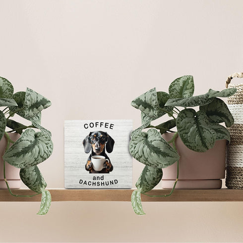 5x5 Inches,Gift Coffee Dachshund Desk Decor Wooden Signs,Funny Coffee Wooden Box Sign,Funny Office Desk Tabletop Shelf