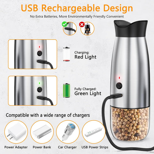 Gravity Electric Salt and Pepper Grinder Set, USB Rechargeable, Automatic Mill Grinder with Adjustable Coarseness