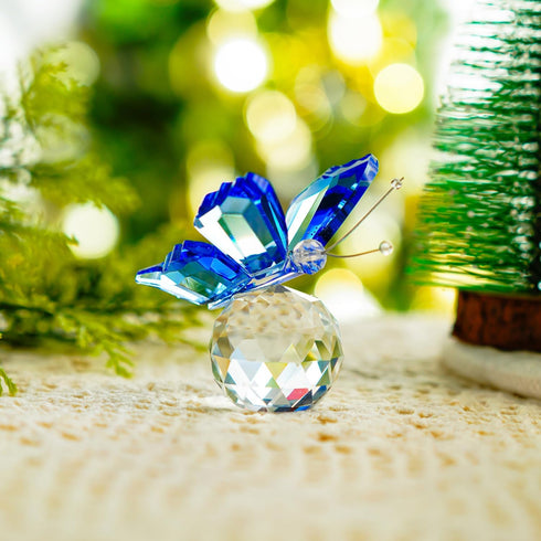 H&D Crystal Flying Butterfly Figurine with Crystal Ball Base, Cut Glass Ornament, Collectible (Blue)