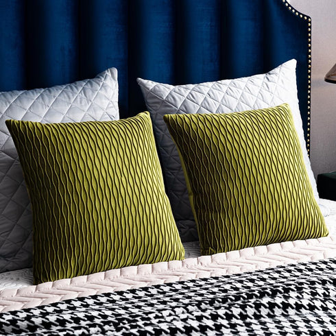 DEZENE 18x18 Moss Green Throw Pillow Cases, 2 Pack Original Striped Velvet Decorative Covers