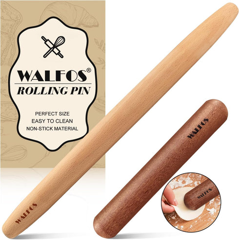 Walfos French Rolling Pin Set, Natural Wooden Baking Dough Rollers (8inch, 15.7inch) for Pizza, Pie, Pasta